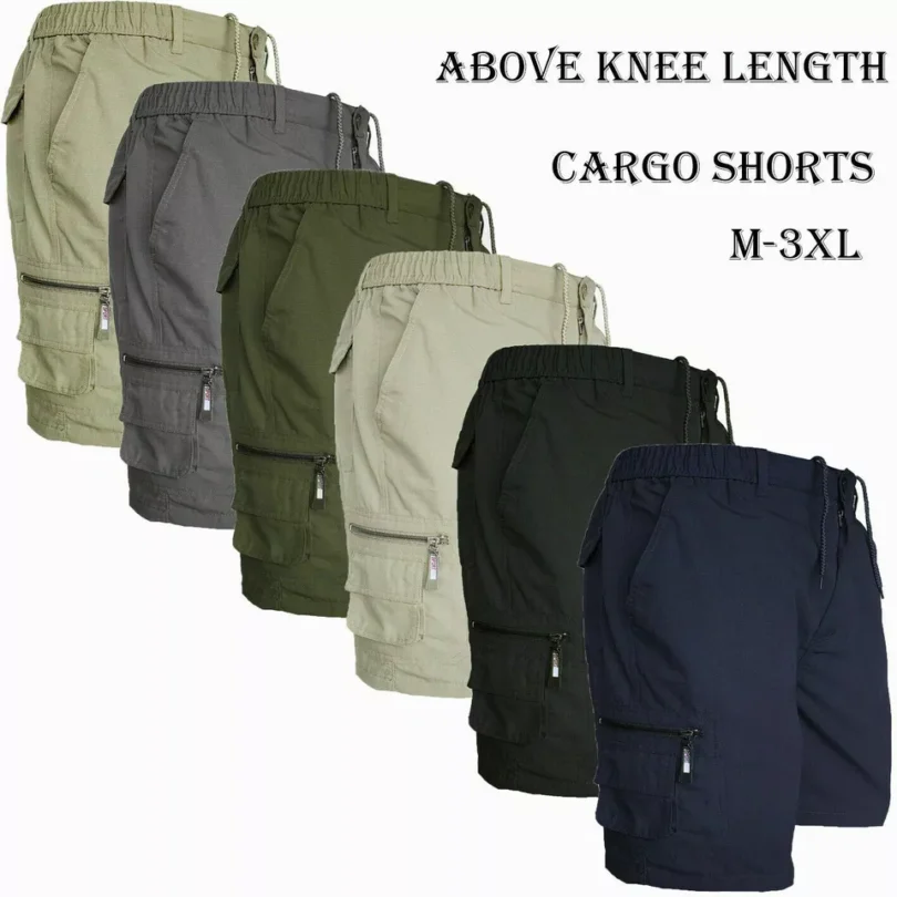 Mens Cargo Combat Multi Pocket Elasticated Waist Size Plain Lightweight Shorts - Image 3