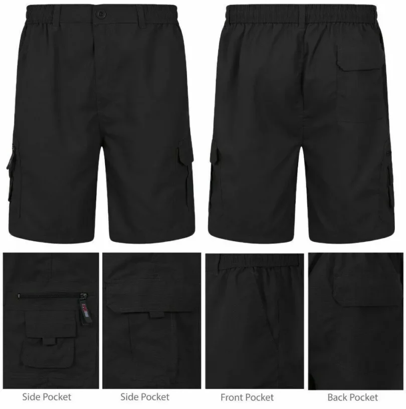 Mens Cargo Combat Multi Pocket Elasticated Waist Size Plain Lightweight Shorts - Image 7