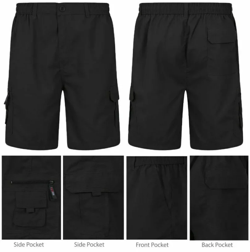 Mens Cargo Shorts Combat Multi Pocket Elasticated Waist Plain Lightweight Shorts - Image 7