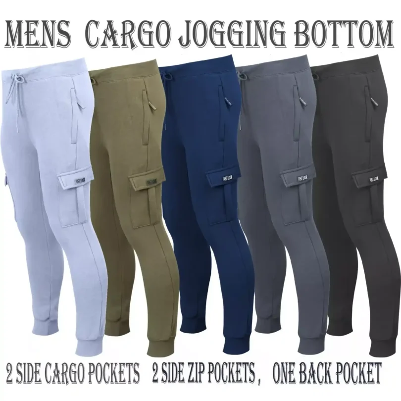 Mens Cargo Joggers Fleece Bottom Elasticated Gym Trouser Sweatpants ZIP Pockets