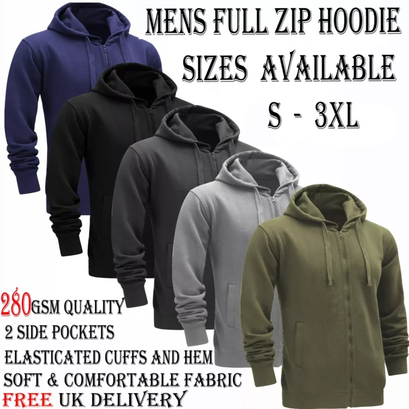 Mens Plain Fleece Zip Up Top Zipper Hoody Sweatshirt Gym Jumper Hoodie NewS-3XL