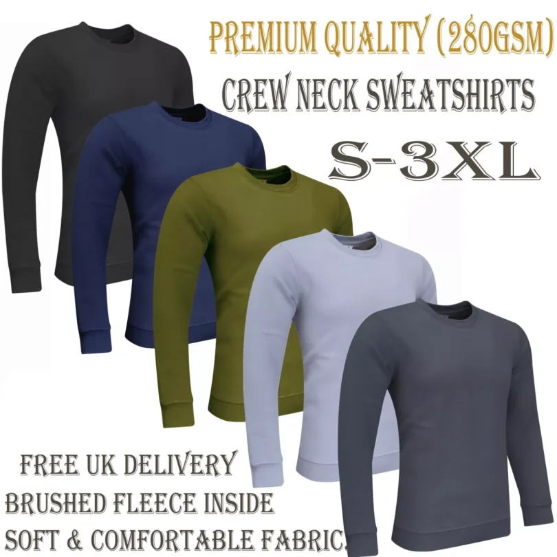 Mens Plain Sweatshirt Jumper Crew Neck Sweater Pullover Work Casual Top S-3XL