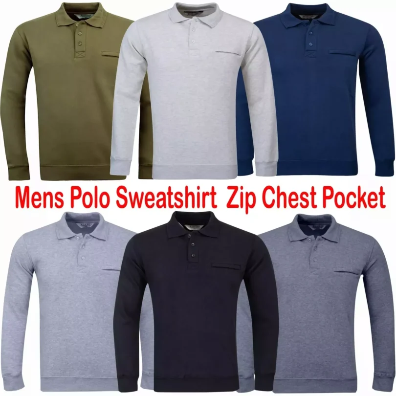 Mens Polo Sweatshirt Plain Jumper Soft Fleece Warm 3 Button Casual S- 3XL