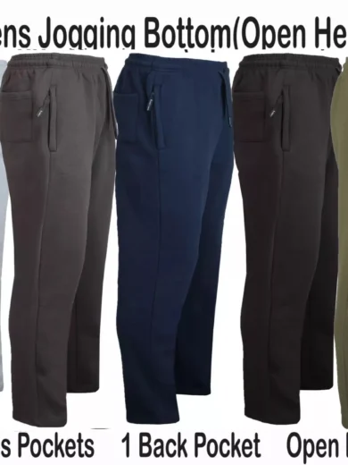 Mens Fleece Jogging Bottoms ZIP Pockets Pants Plain Open Hem Joggers Trouser