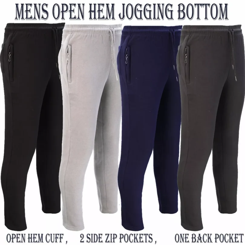Mens Fleece Jogging Bottoms ZIP Pockets Pants Plain Open Hem Joggers Trouser