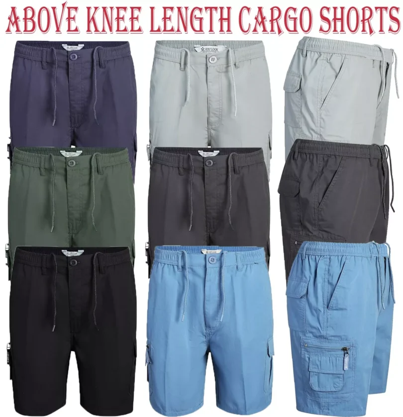 Mens Shorts Cargo Combat Elasticated Waist Multi Pocket Size Plain Lightweight