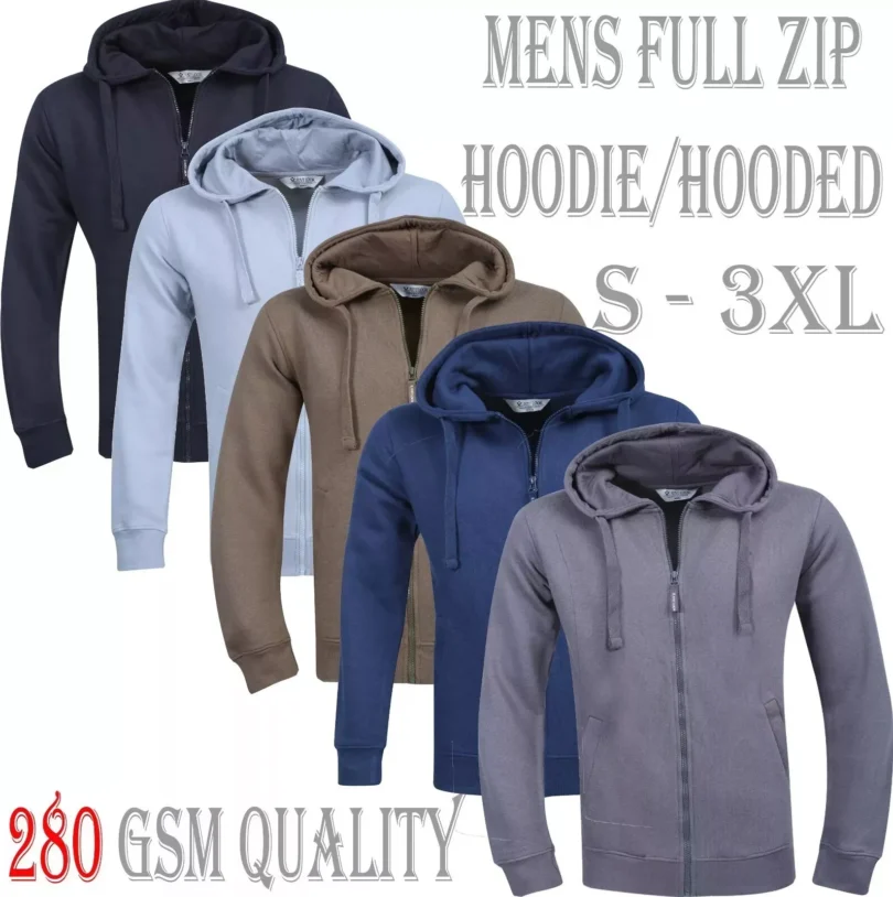 Mens Full-Zip Hooded Fleece Sweatshirt Plain Workwear Casual Jumper SweaterS-3XL