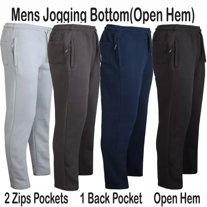 Mens Fleece Jogging Bottoms ZIP Pockets Pants Plain Open Hem Joggers Trouser - Image 2