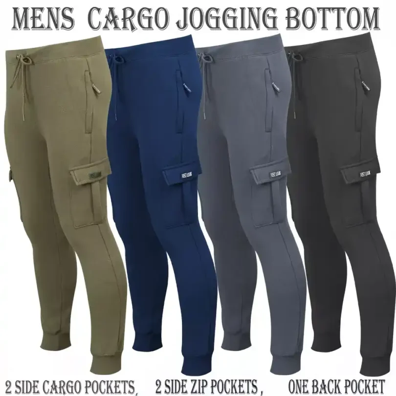 Mens Cargo Joggers Fleece Bottom Elasticated Gym Trouser Sweatpants ZIP Pockets - Image 3